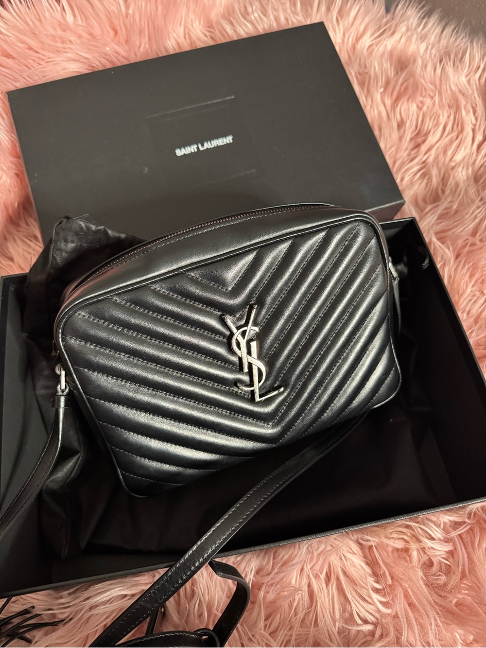Saint Laurent Black Quilted Chevron Leather Crossbody Bag with Silver YSL